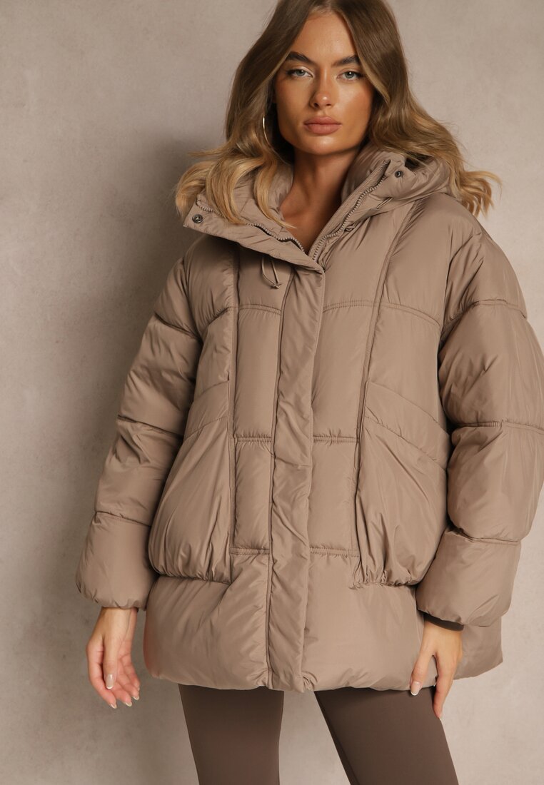 Jachetă oversize bej închis cu cusături matlasate și glugă Galeana