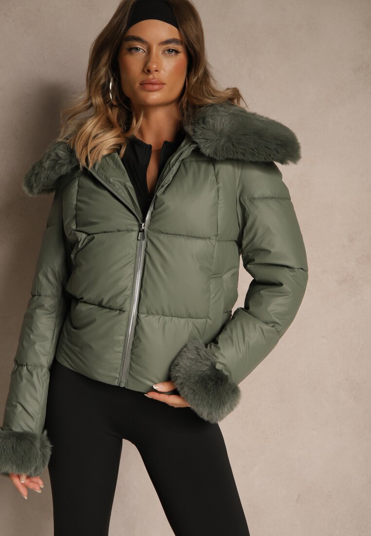 Geacă Verde cu cusături matlasate și guler larg cu blană Galaressa