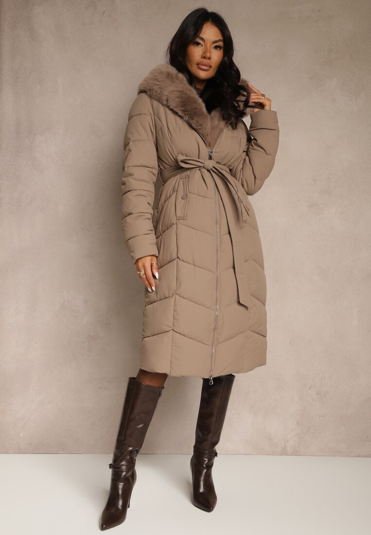 Jachetă Bej închis cu cusături matlasate, blană și curea Serapella