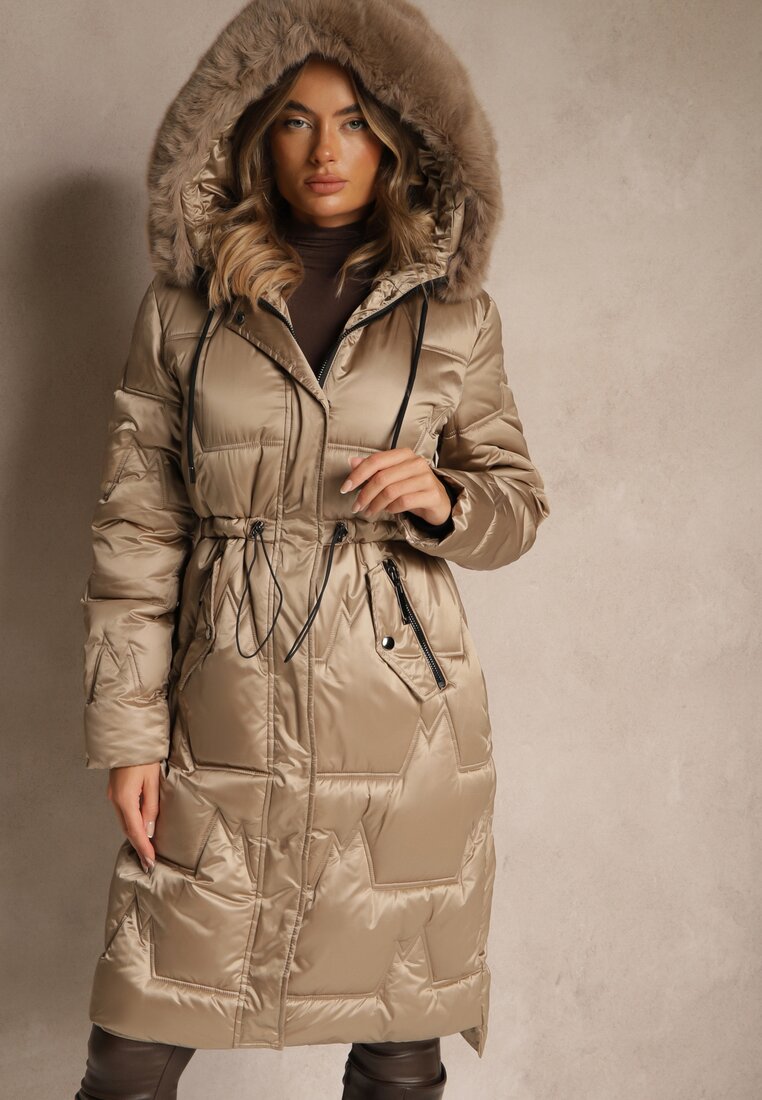 Jachetă Lungă Bej Închis cu Cusături Matlasate și Glugă, cu șnur în Talie Galeatia