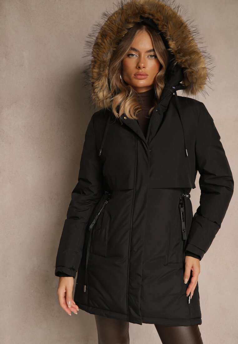 Jachetă Parka Neagră Clasică cu Glugă cu Blană Nalisava