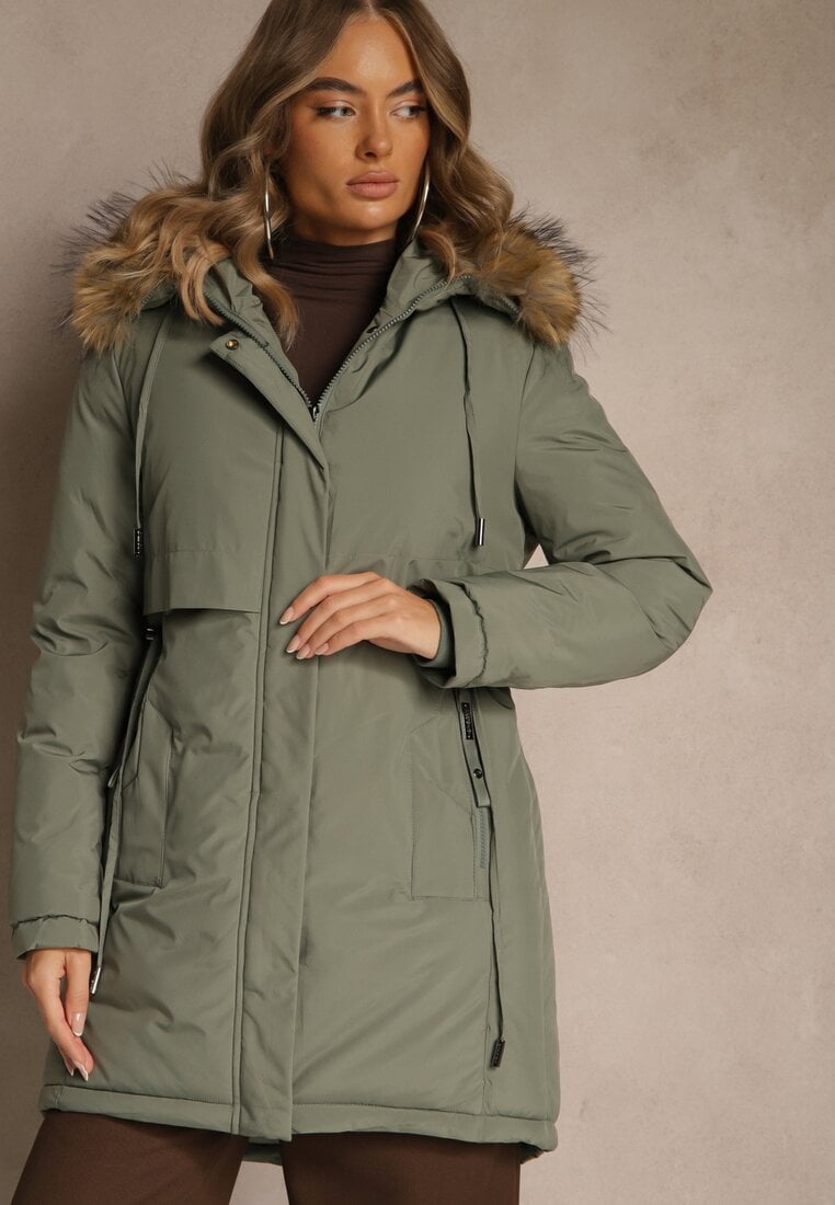Jachetă Parka Clasică Verde cu Glugă cu Blană Nalisava