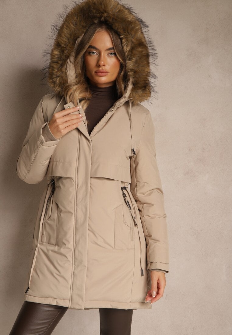 Jachetă Parka Clasic Bej cu Glugă cu Blană Nalisava
