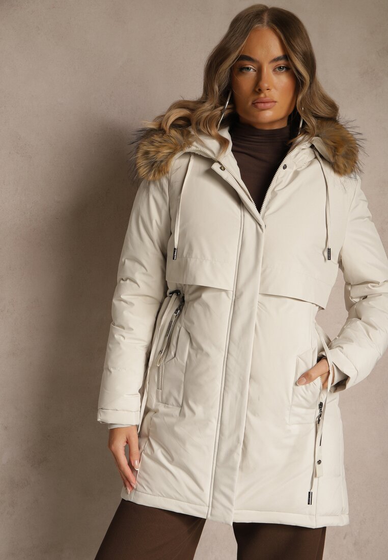 Geacă Parka Clasică Albă cu Glugă cu Blană Nalisava