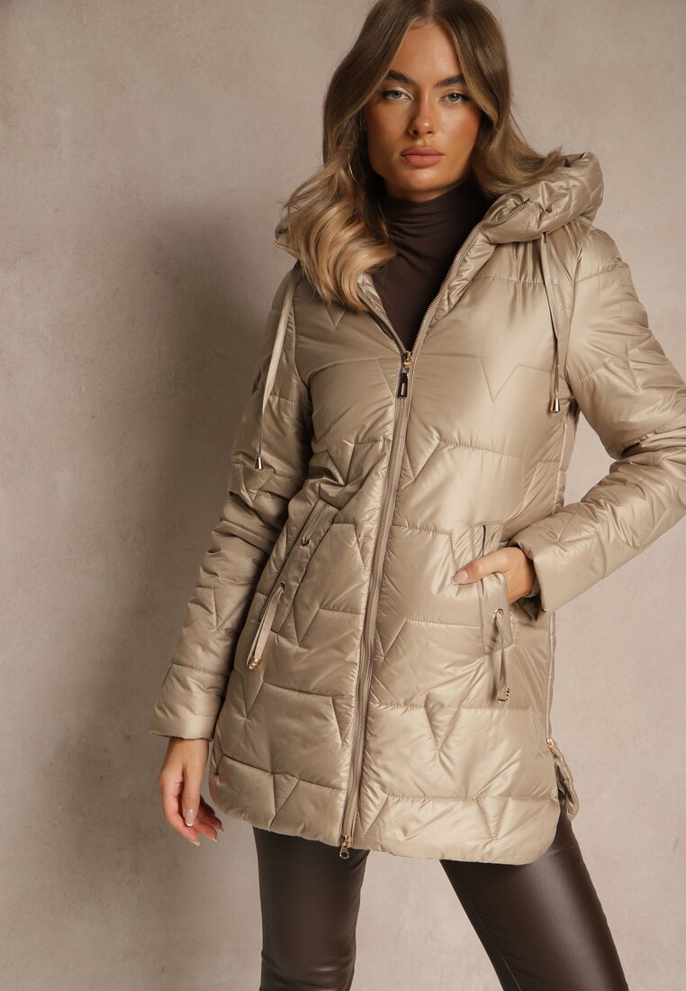 Jachetă de tranziție bej cu cusături matlasate, glugă și fermoare Taranessa