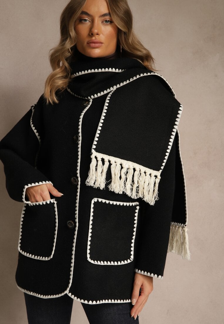 Jachetă Neagră Oversize cu Eșarfă și Cusături Decorative Claritila