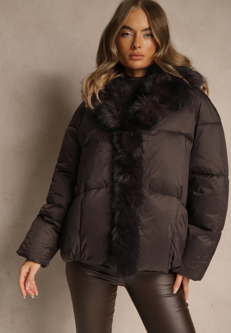 Geacă Oversize Maro cu Cusături Matlasate și Blană Silvitila