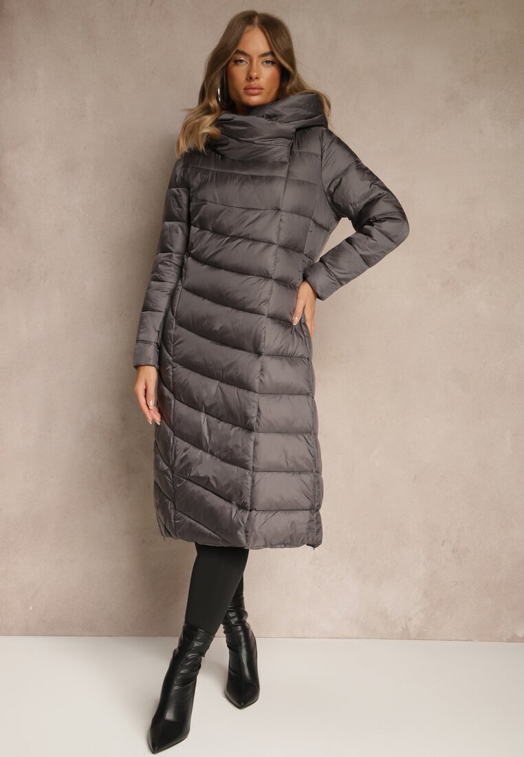 Lungă Jachetă Palton Gri cu matlasare și glugă Tittonna