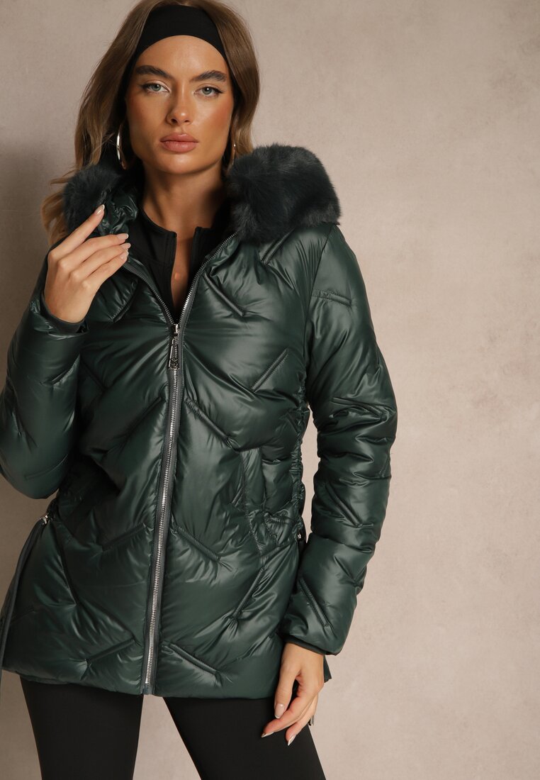 Jachetă Verde închisă cu matlasare decorativă și glugă cu blană Naliavea