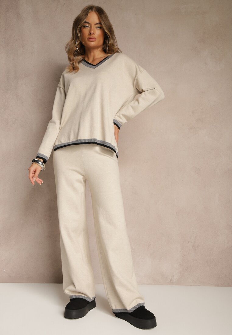 Compleu Tricotat Bej deschis cu Bordură Decorativă Pulover și Pantaloni largi Ralenae