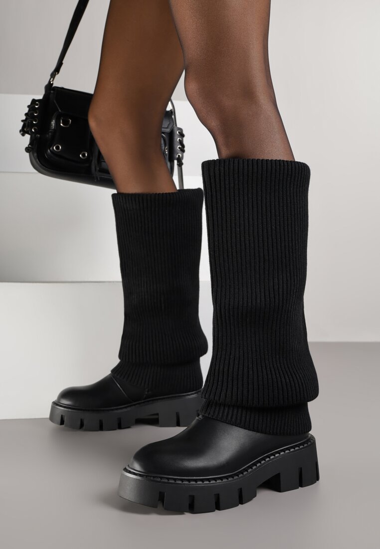 Cizme Negre Chunky cu carâmb tricotat ce imită cracul pantalonului Fenema