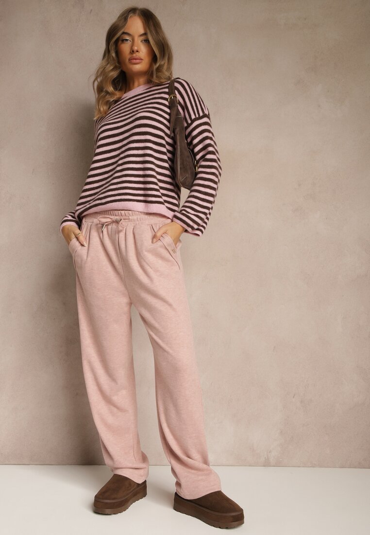 Pantaloni Roze High Waist cu Elastic și Șnururi în Talie Rallena