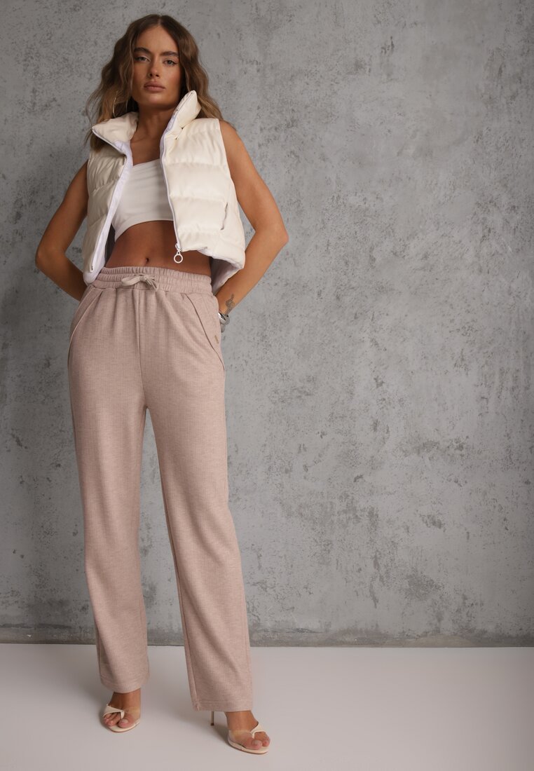 Pantaloni Bej Talie înaltă cu elastic și șnururi în talie Rallena