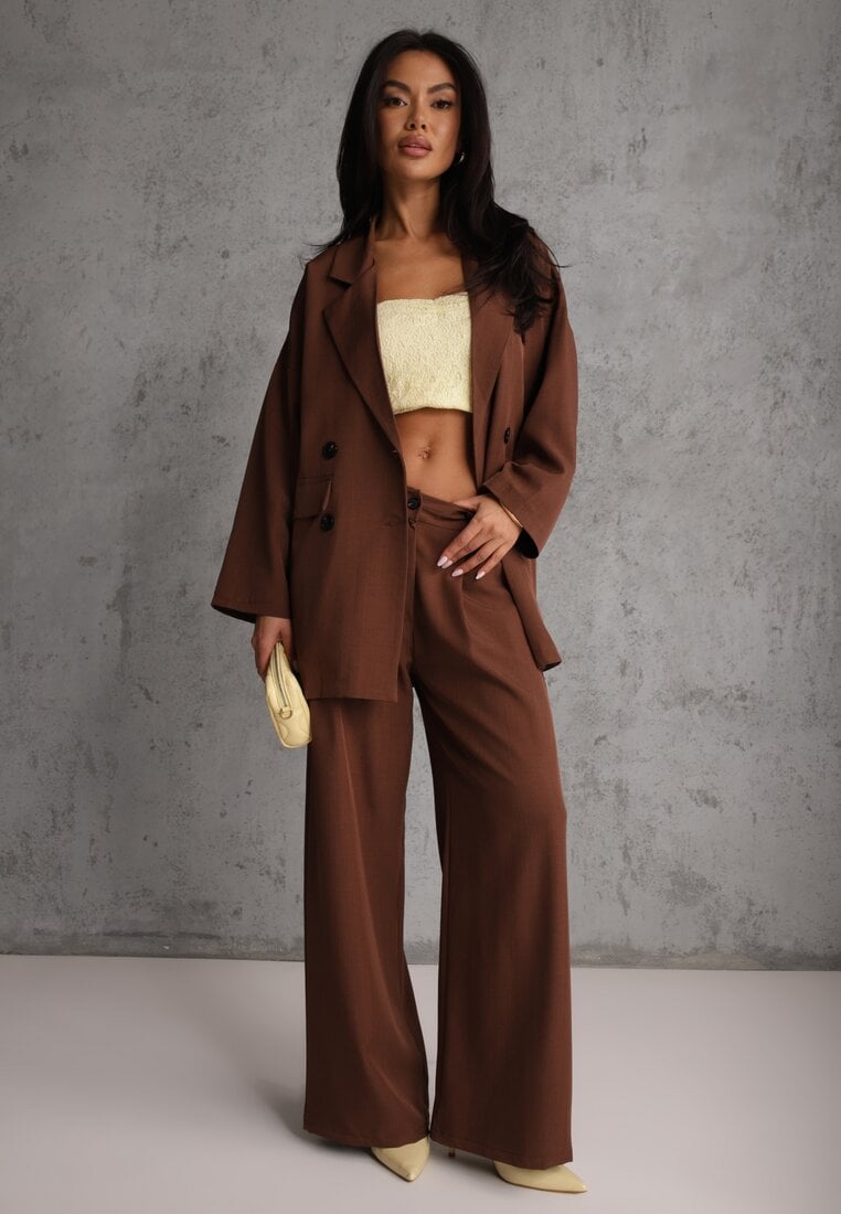 Set Costum Maro Oversize Sacou la două rânduri de nasturi și Pantaloni Wide Leg Tevilna