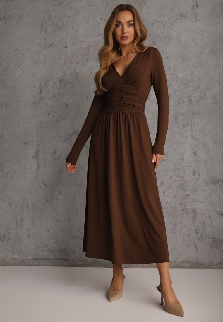 Rochie Maro Taliată cu Mânecă Lungă din Vâscoză cu Încrețituri și Decolteu în V Elirie