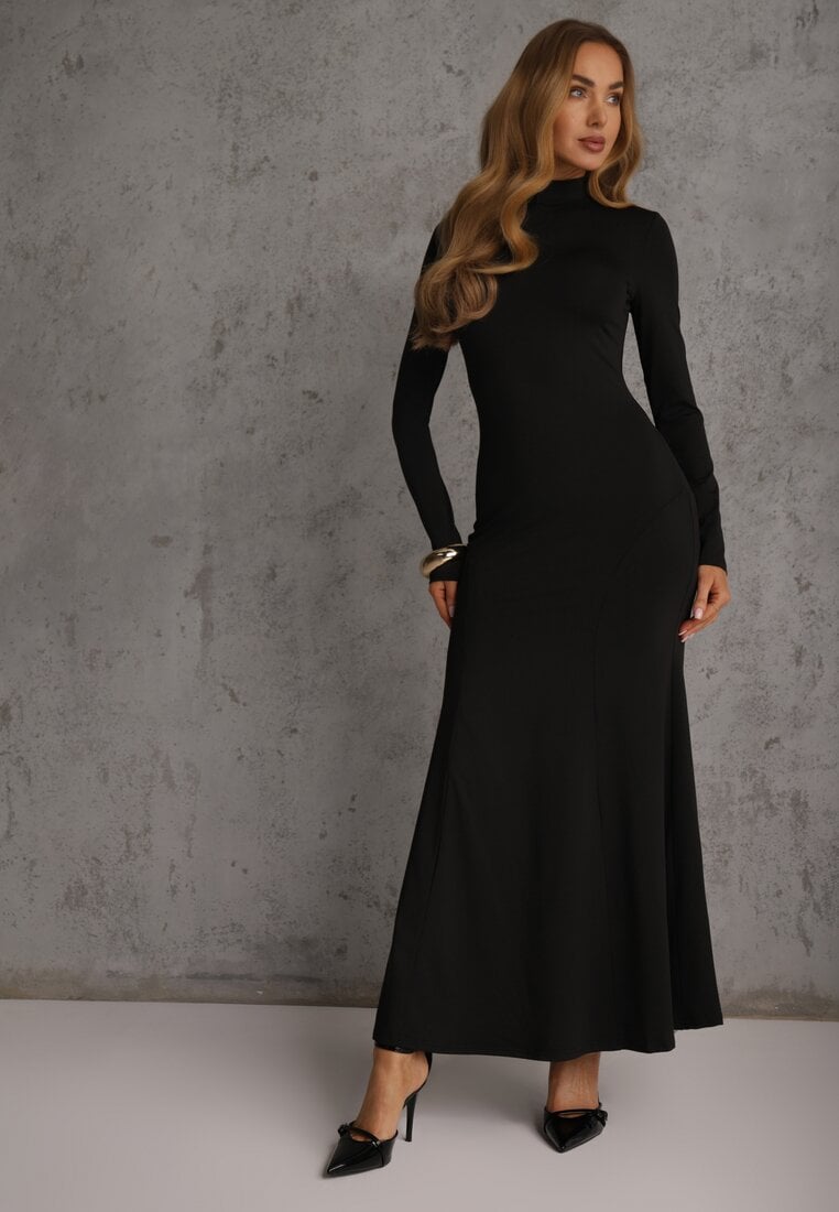 Rochie neagră de cocktail cu viscoză și guler semi-înalt cu croială cambrată Zozorina