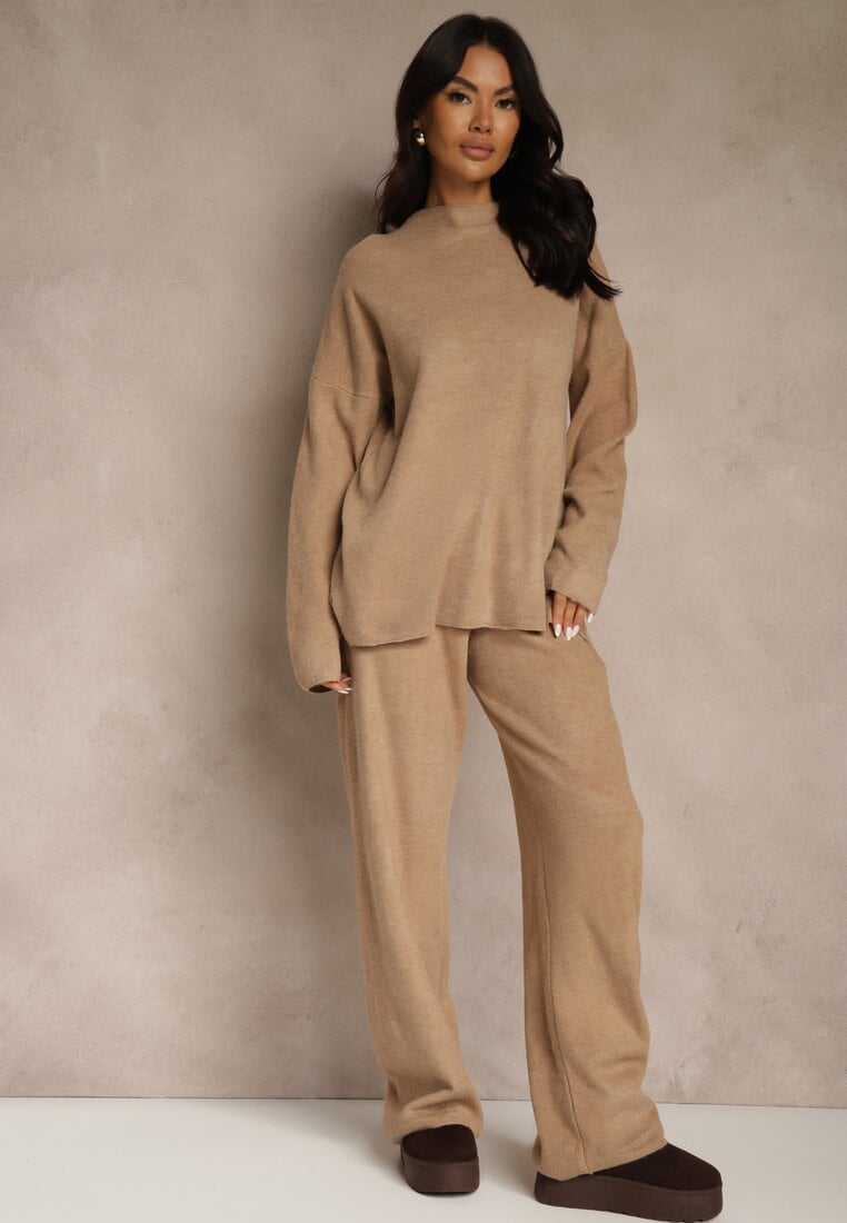 Set Oversize Bej închis din tricot cu lână Pulover și Pantaloni largi Alenria