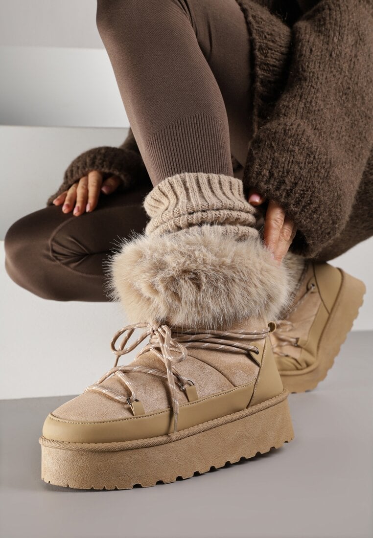 Cizme de zăpadă bej închis pe platformă decorate cu blană Teswena