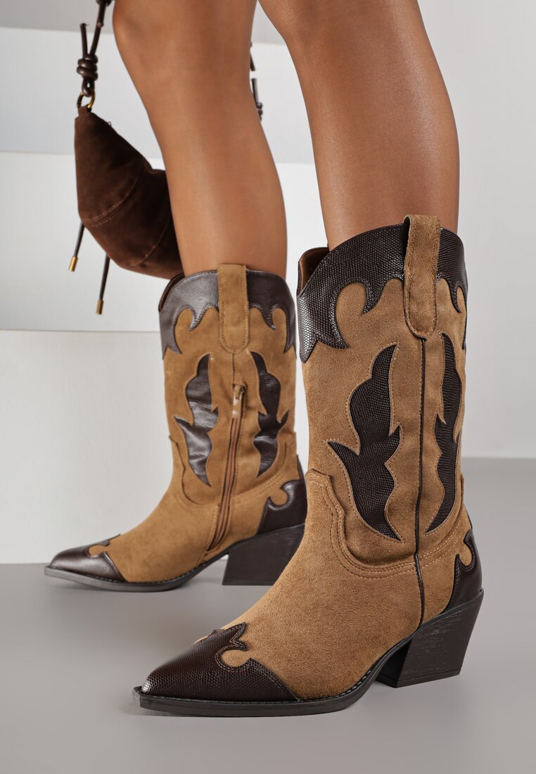 Cizme Maro Cowboy pe Toc Conic cu Tija Embosată Avrenne