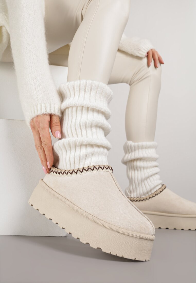 Cizme de iarnă Bej cu platformă cu carâmb scurt și model brodat Zivilae