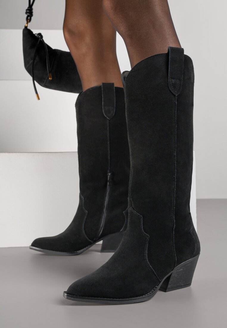 Cizme Negre Stil cowboy cu toc conic din piele intoarsă naturală Adeora