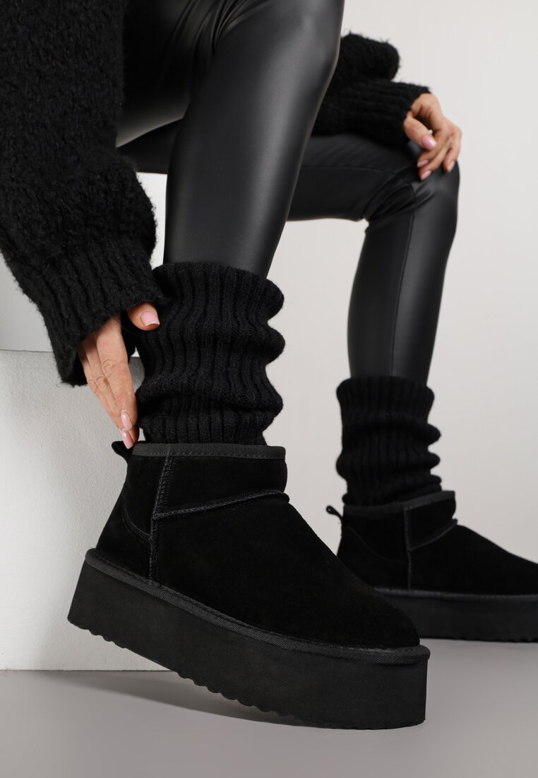 Cizme de zăpadă Negre Slip-on cu platformă cu carâmb din piele întoarsă naturală Mevelessa