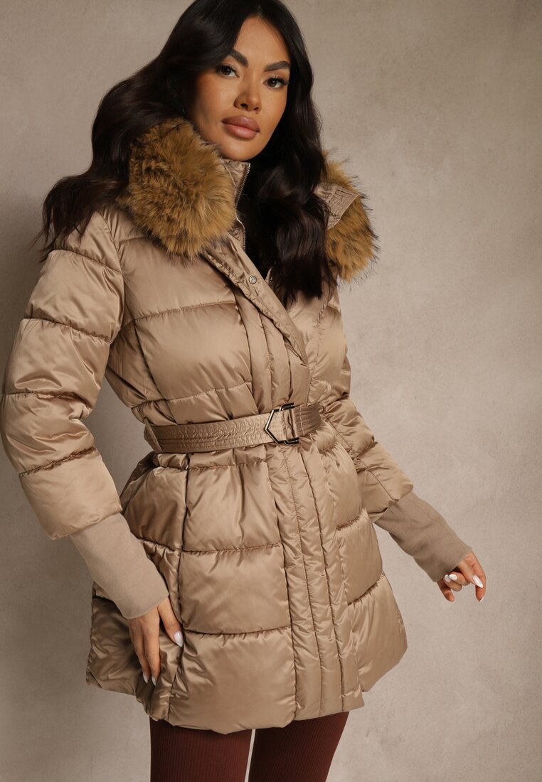 Jachetă bej închis matlasată cu centură și glugă cu blană Lilittia