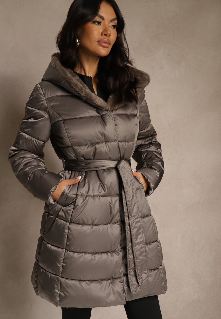 Jachetă Matlasată Gri cu Glugă Fixă Lungă cu Cingătoare Lidassea