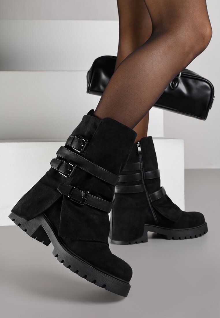 Botine Negre Biker decorate cu catarame și cu carâmb răsfrânt Seride