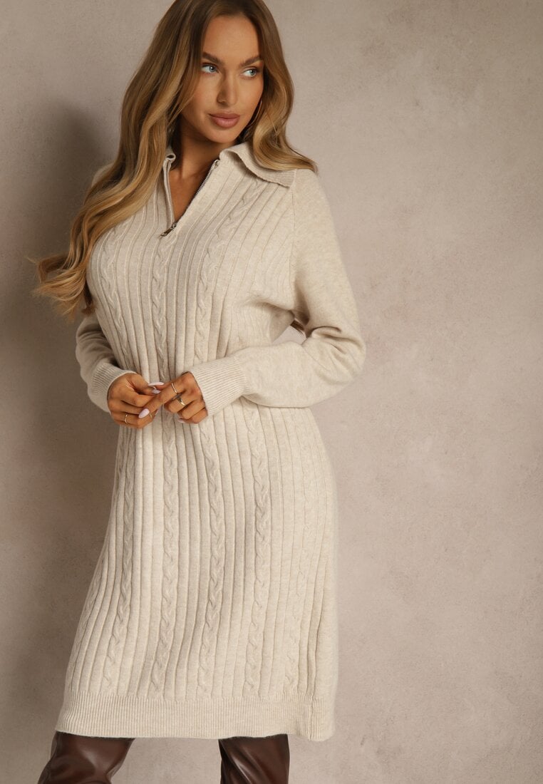 Rochie tip pulover Bej deschis din bumbac și lână decorată cu fermoar Reinda