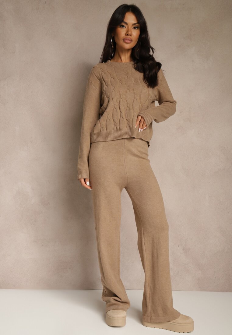 Set tricotat bej închis cu Lână Pantaloni Wide Leg și Pulover Cropped Nezera