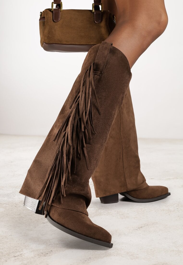 Cizme Cowboy Maro cu toc conic, cu carâmb imitând cracul pantalonului, cu franjuri Monettea