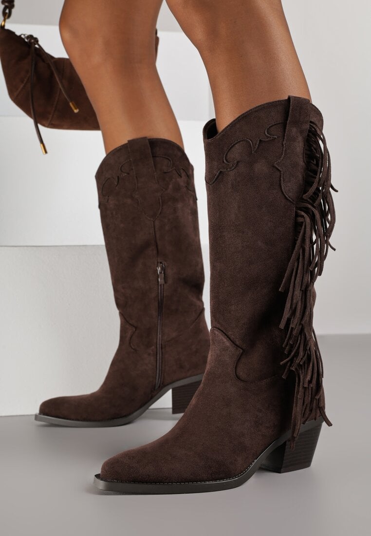 Cizme cowboy maro închis pe toc conic împodobite cu franjuri Reianeva