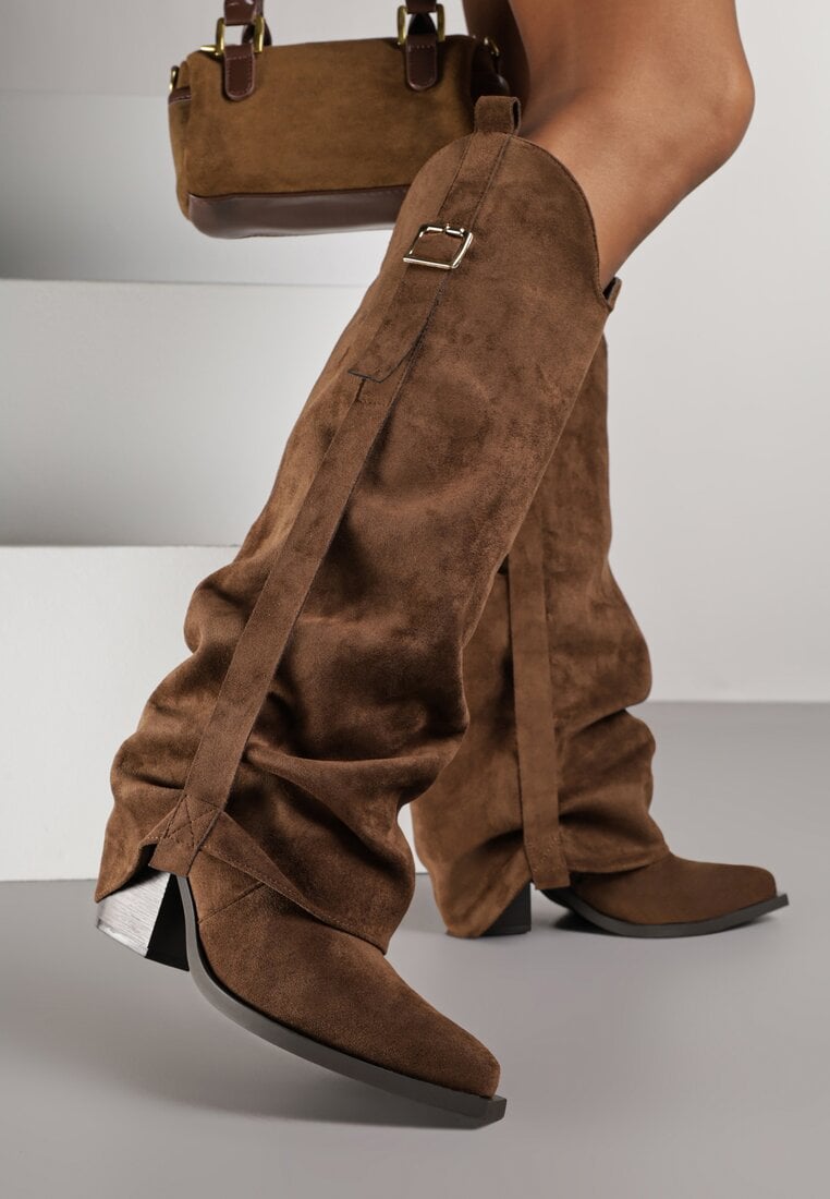 Cizme Maro tip cowboy cu toc conic decorate cu cataramă și cu carâmb răsfrânt Nalirella