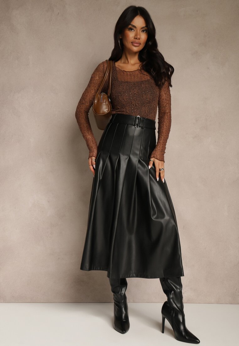 Fustă neagră plisată din imitație de piele cu croială evazată Tusdera