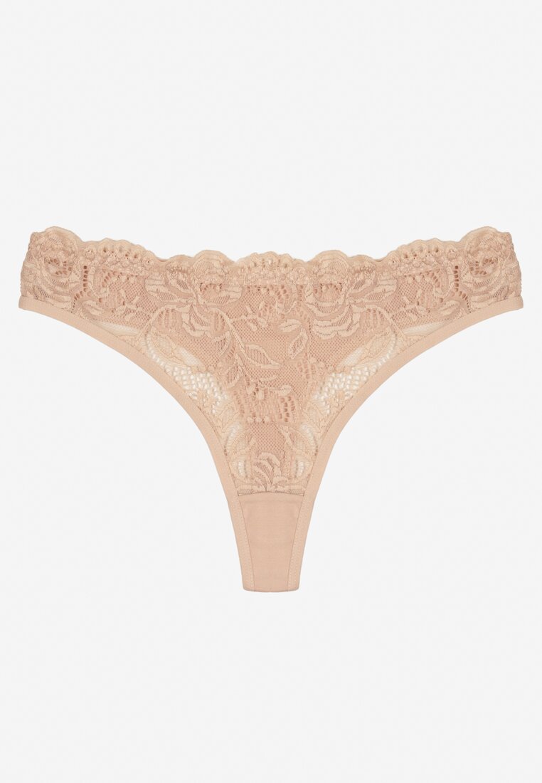 Chiloți string bej din bumbac cu dantelă Ilwedana