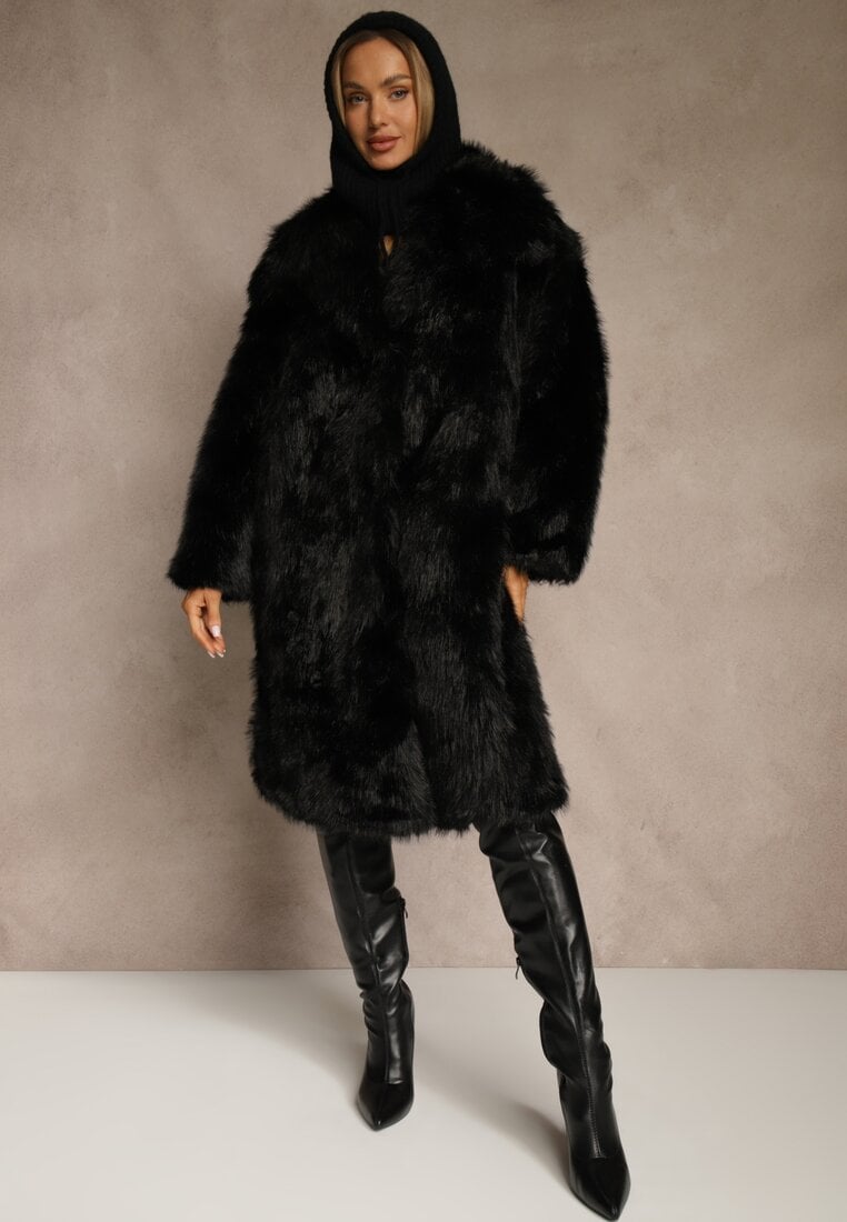 Palton Negru Blană la un rând de nasturi cu guler lat Aweda