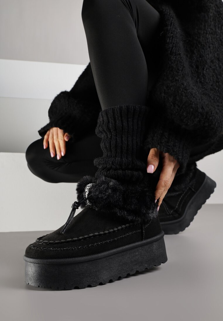 Bocanci de zăpadă Negri pe platformă decorați cu blană și cusături Linerva