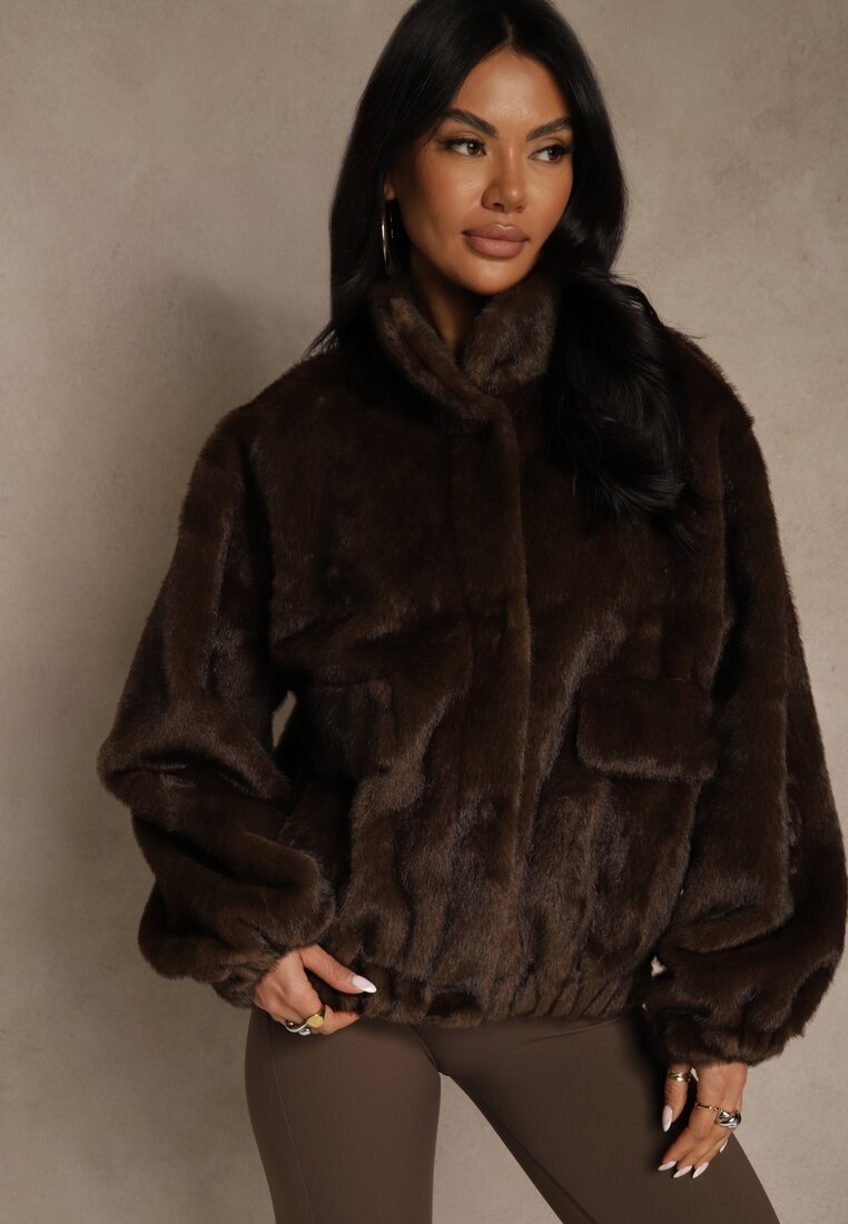 Jachetă Bomber Din blană Maro cu Buzunare Tiwedela