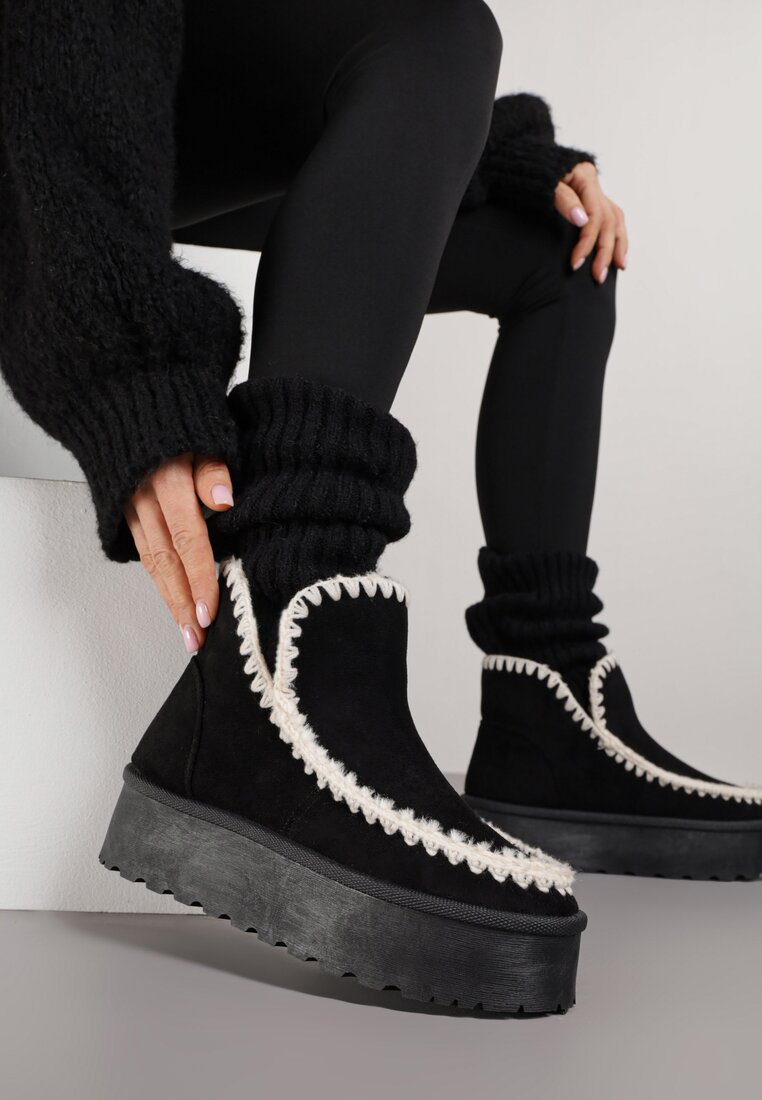 Ghete de zăpadă Negre pe Platformă Decorate cu Model Brodat Naretusa