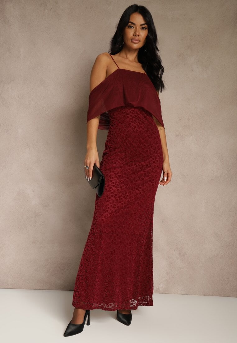 Rochie Bordo cu croială asimetrică decorată cu volan Owedia