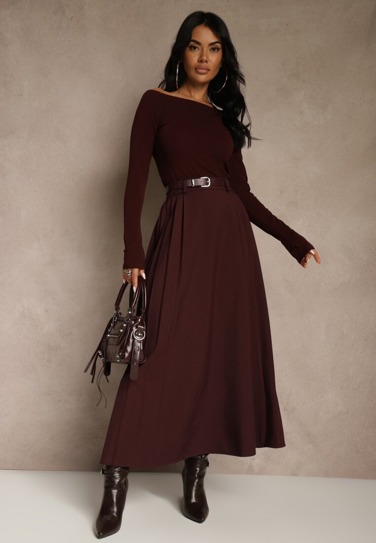 Fustă Cloș Bordeaux din Viscoză cu o curea suplimentară cu cataramă Lowedina