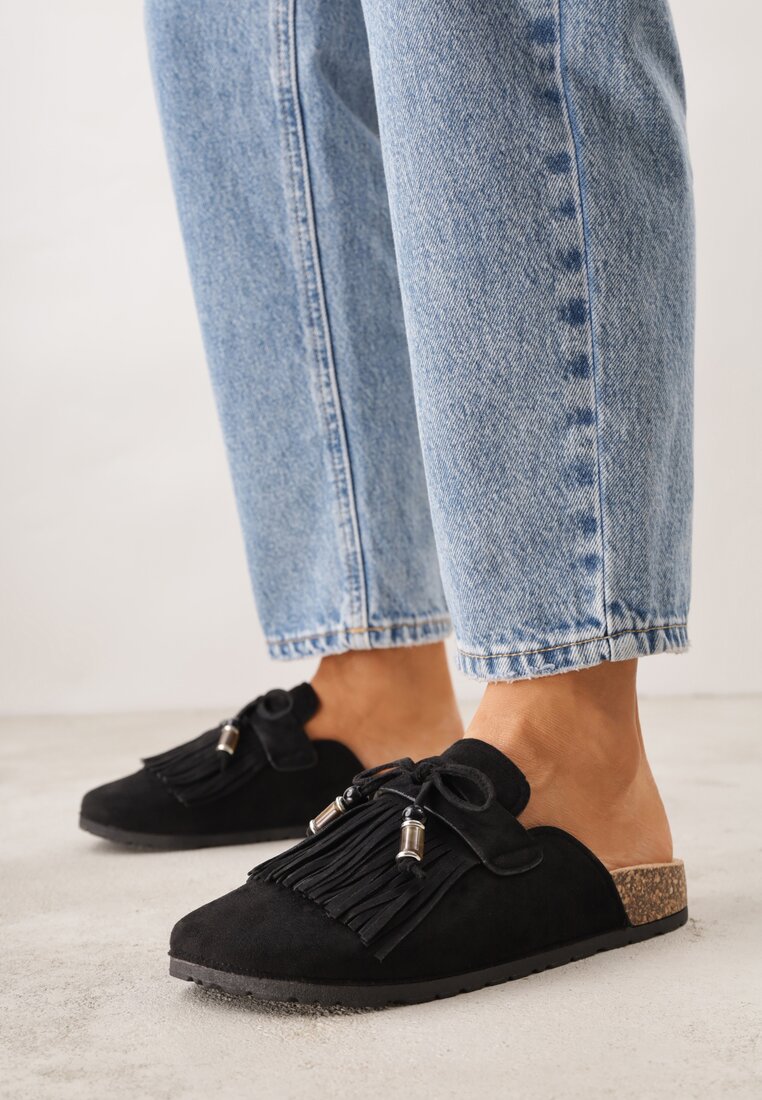 Papuci Mule Negri Boho din imitație de piele întoarsă cu franjuri și mărgele Elwedila