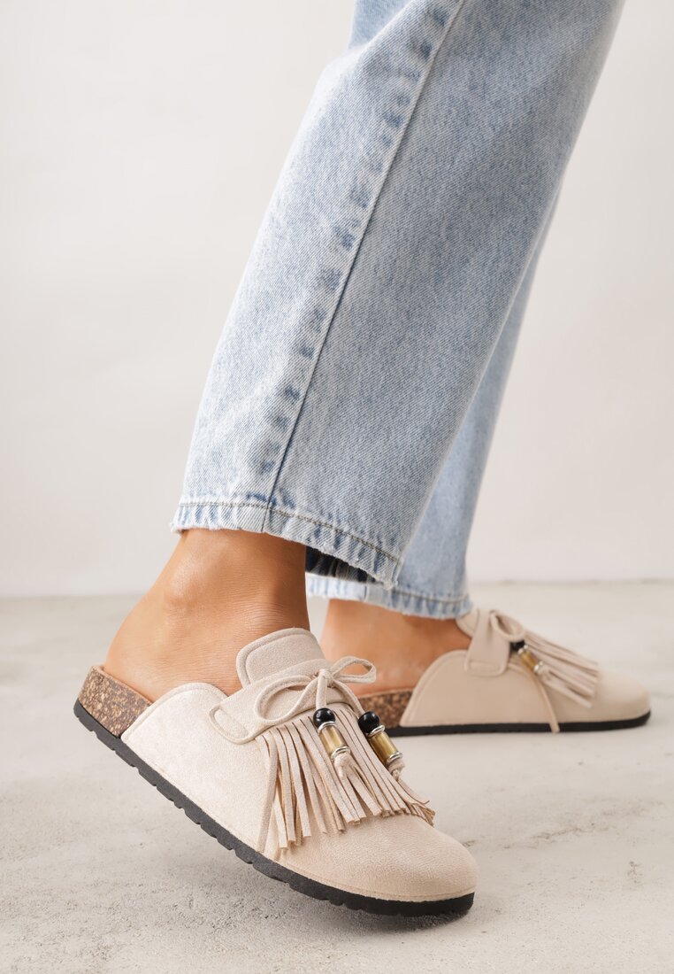 Papuci tip Mule Bej Boho din imitație de piele întoarsă cu franjuri și mărgele Elwedila