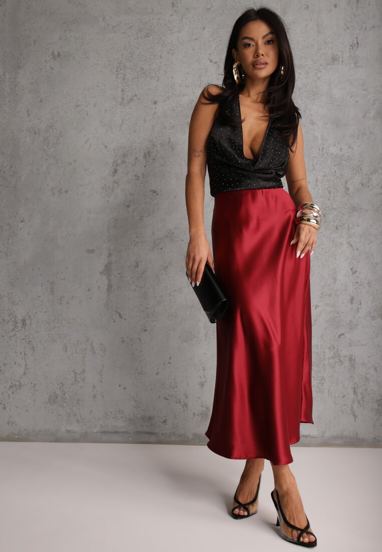 Fustă bordo midi din satin cloș cu elastic în talie și fermoar Leose