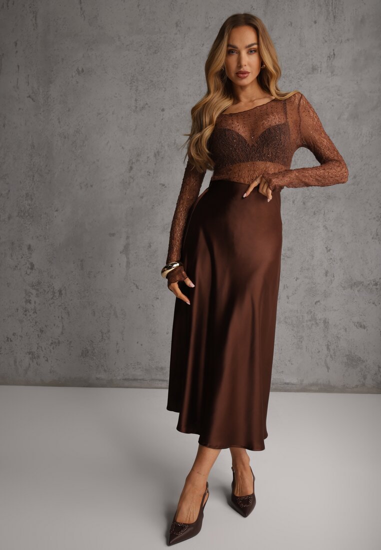 Fustă Midi Satin Cloș Maro cu elastic în talie și fermoar Leose