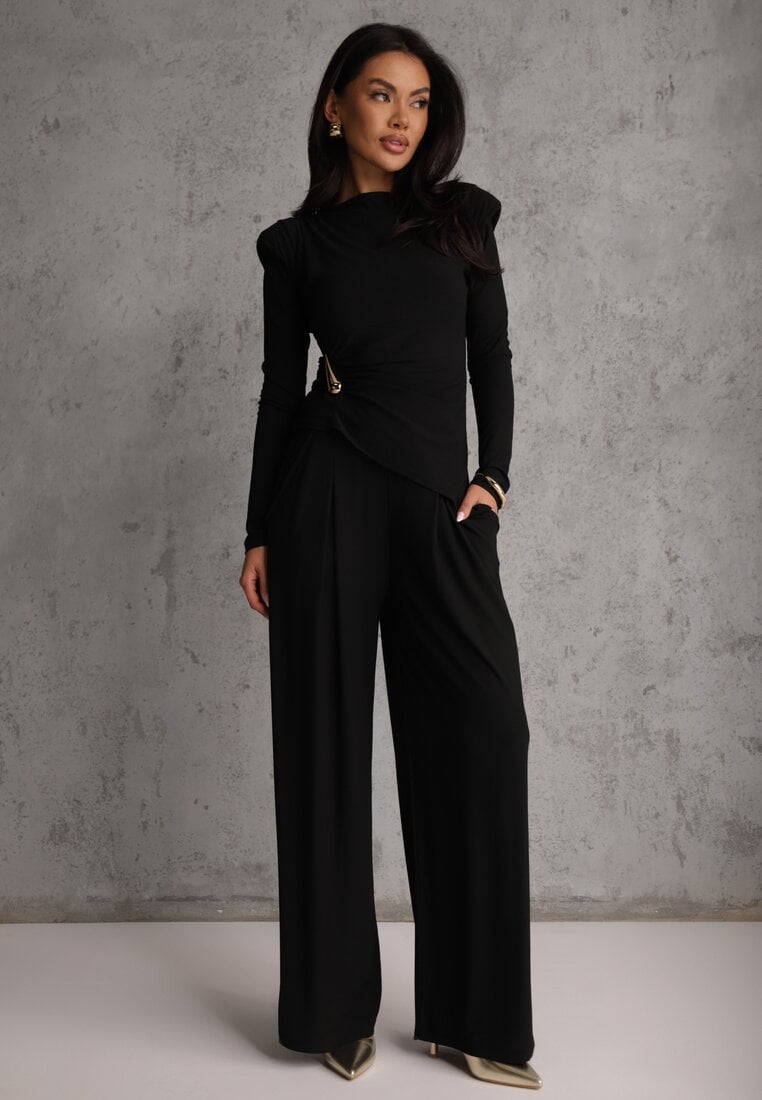 Compleu Elegant Negru Pantaloni Wide Leg și Bluză cu Perne la Umeri Sewinea