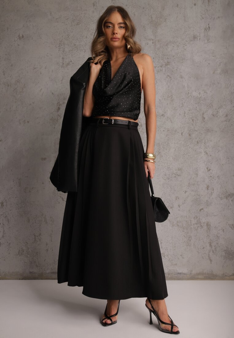Fustă Evazată Neagră din Vâscoză cu curea suplimentară cu cataramă Lowedina