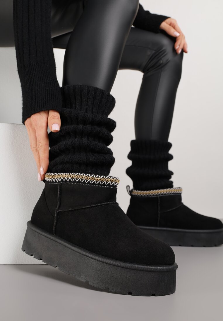 Cizme de zăpadă Negre pe Platformă cu Broderie la Manșetă Sewnera