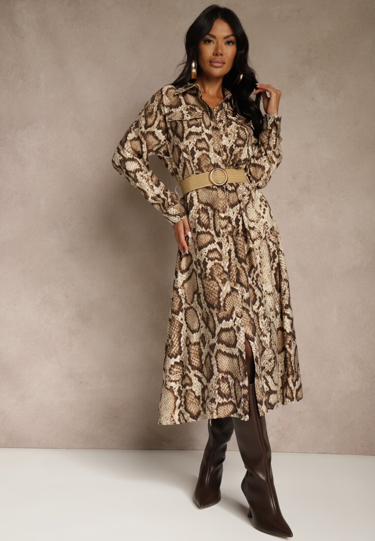Rochie Cămașă Maro Snake Print cu Vâscoză și Curea Bririn